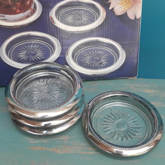 Glass Silver Plated Coasters Vintage Coaster Set Crystal Starburst New in Box - Picture 6 of 16